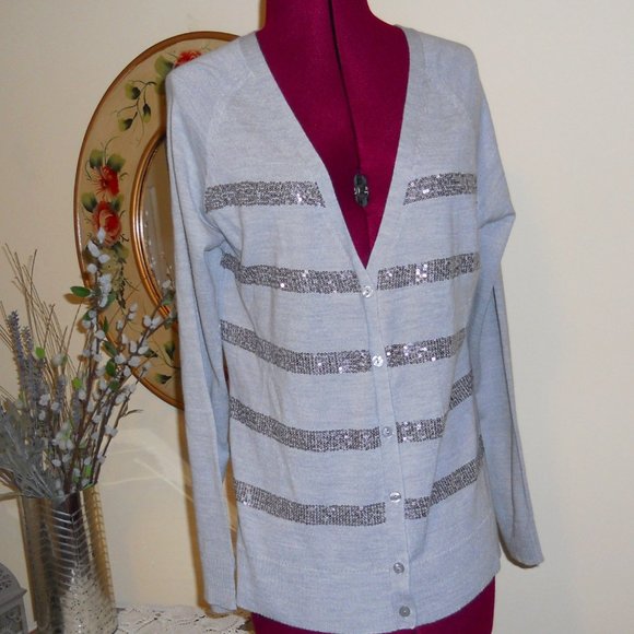 NWT New York & Company L Gray Cardigan Sweater w/Sparkly Stripes - Picture 1 of 5